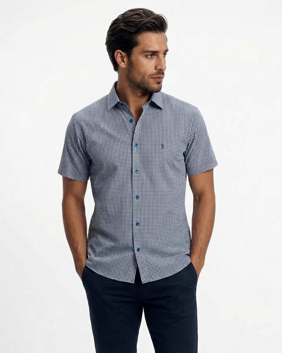 Camisa Manga Curta Bella Quadri Marinho