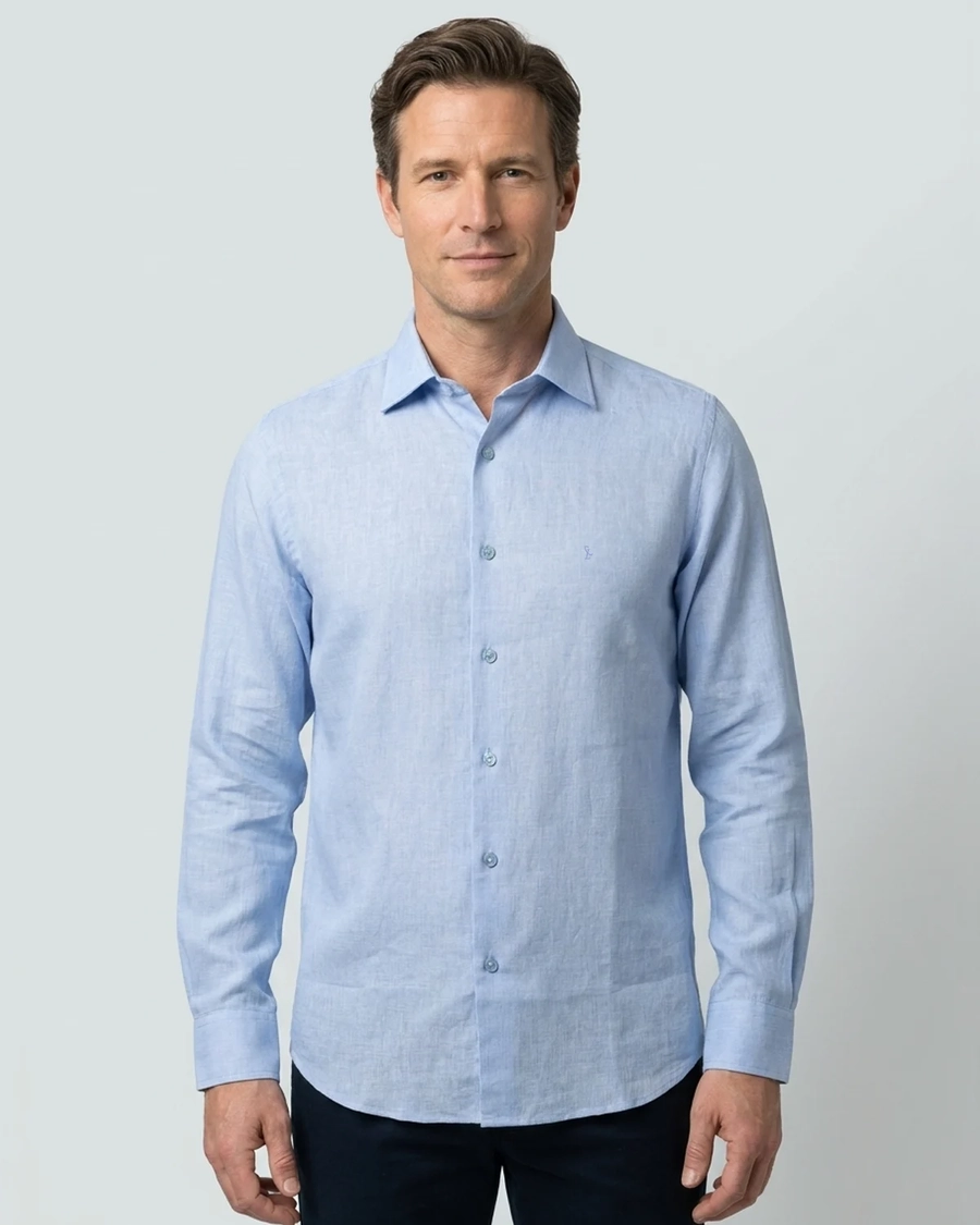 Camisa Manga Longa Puro Lino Azul Claro