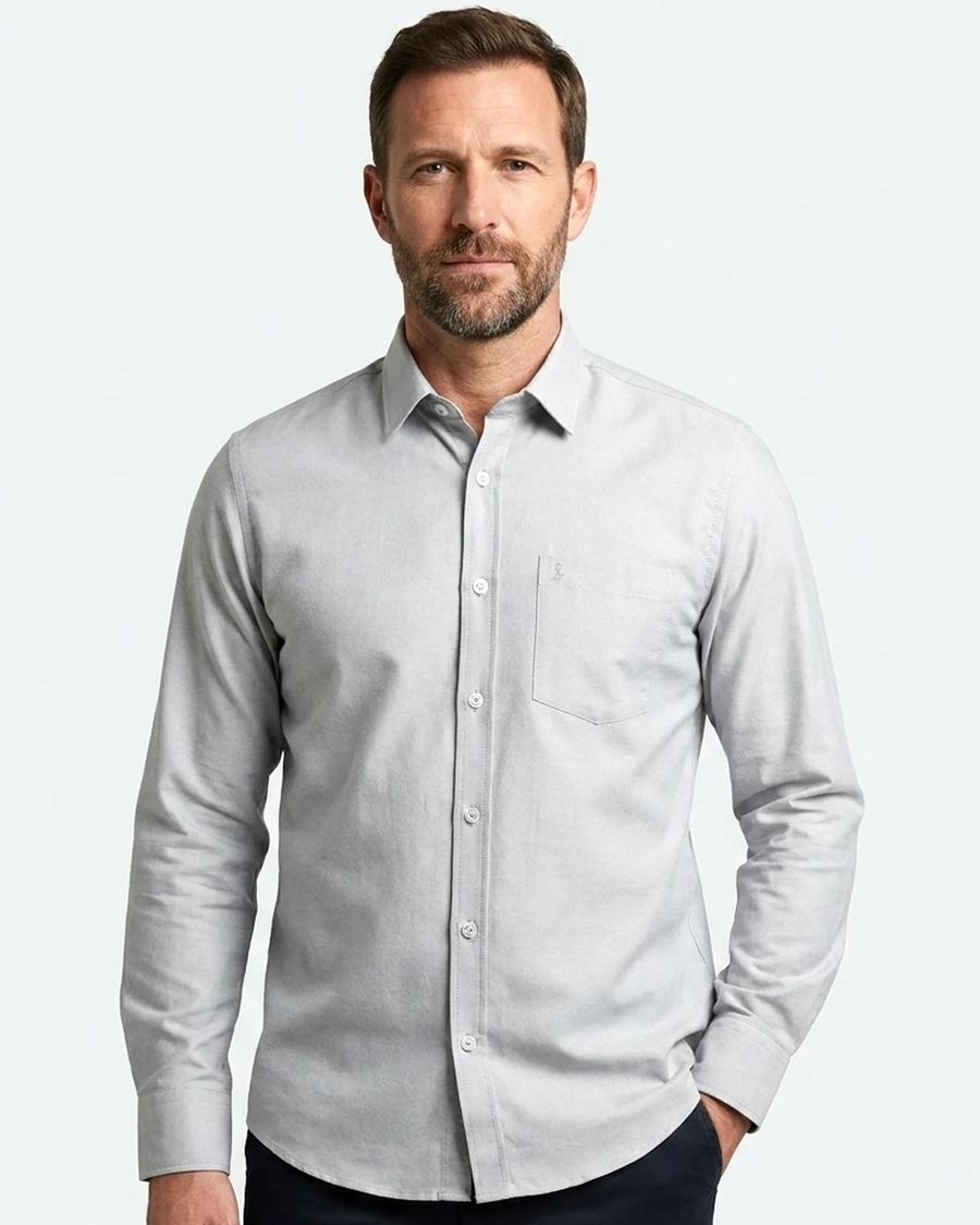 Camisa Manga Longa Oxfordine Cinza