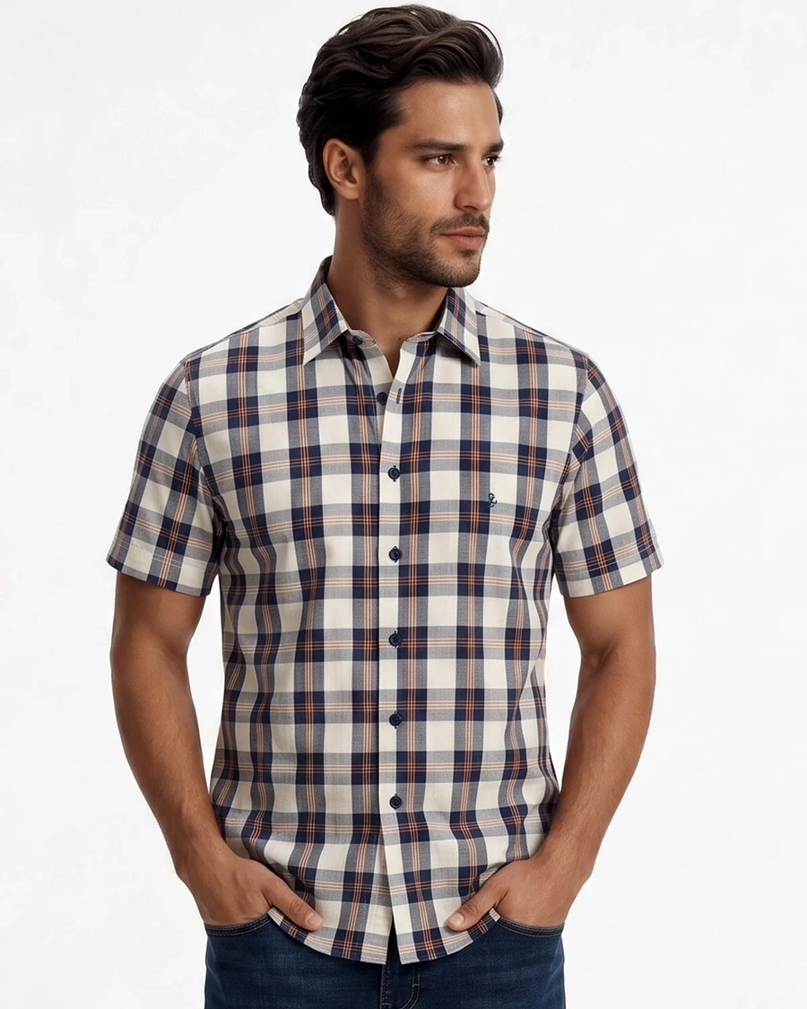 Camisa Manga Curta Xadrez Laranja