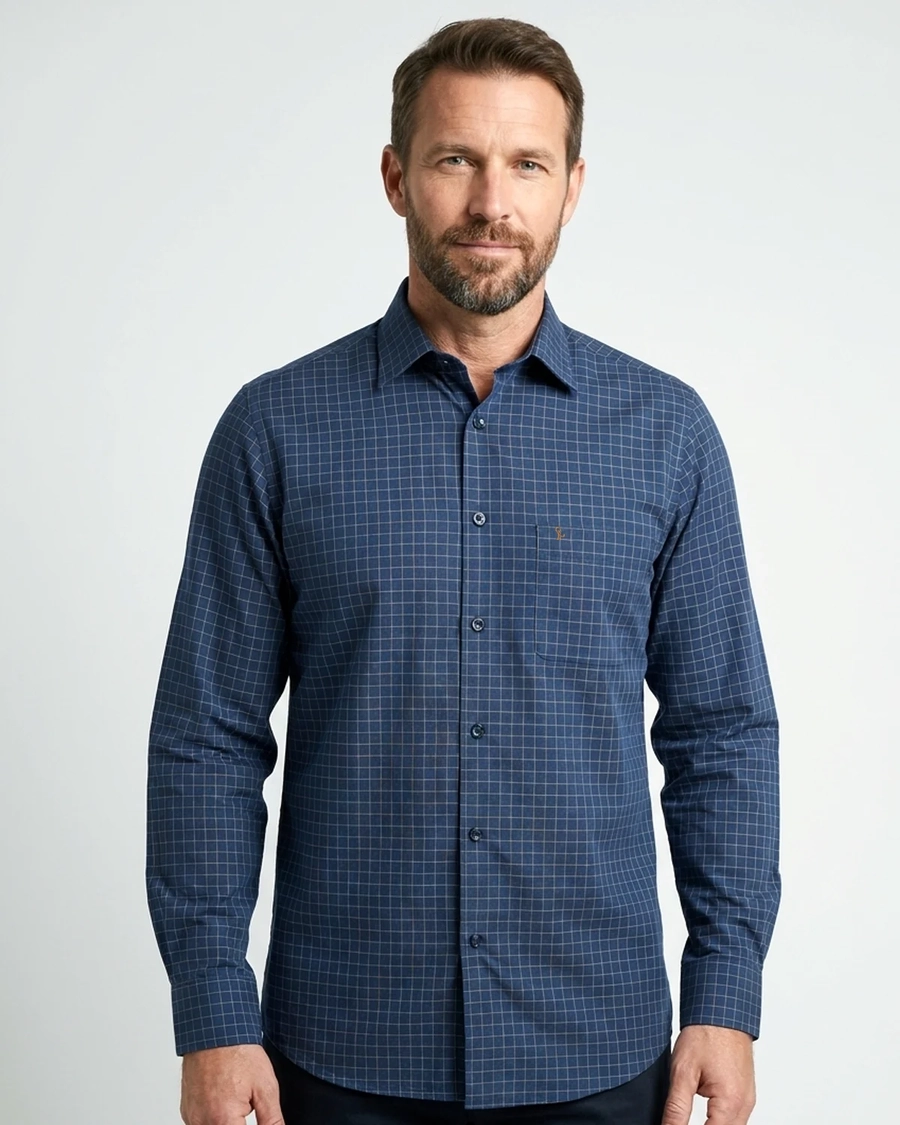 Camisa Manga Longa Quadri Azul Jeans
